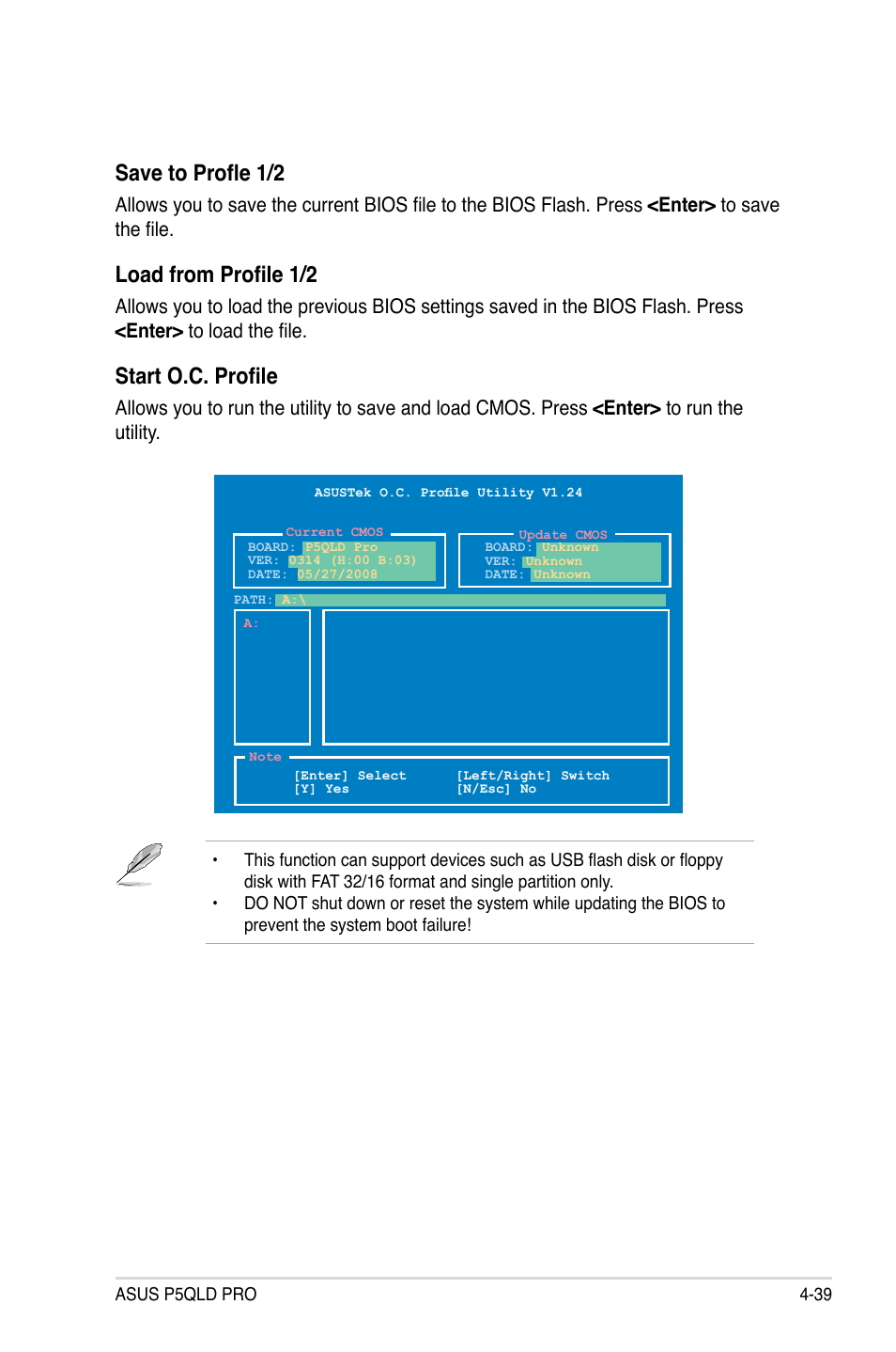 Save to profle 1/2, Load from profile 1/2, Start o.c. profile | Asus P5QLD PRO User Manual | Page 101 / 148