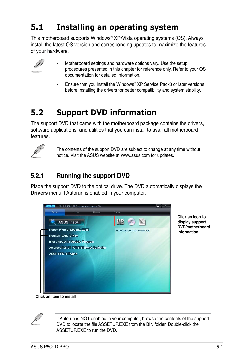 1 installing an operating system, 2 support dvd information, 1 running the support dvd | Asus P5QLD PRO User Manual | Page 105 / 148