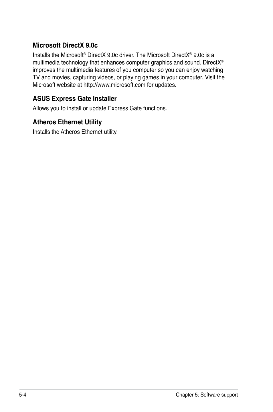 Microsoft directx 9.0c, Asus express gate installer, Atheros ethernet utility | Asus P5QLD PRO User Manual | Page 108 / 148