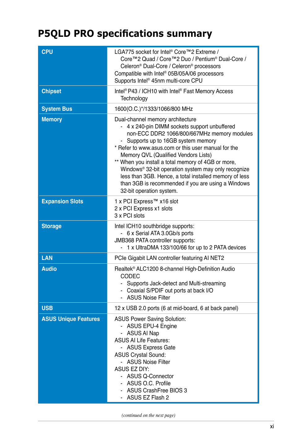 P5ql pro specifications summary, P5qld pro specifications summary | Asus P5QLD PRO User Manual | Page 11 / 148