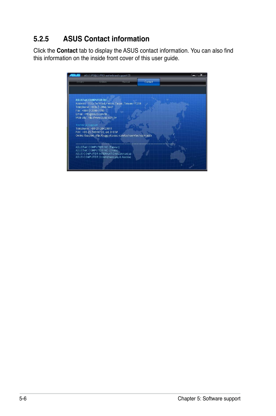 5 asus contact information | Asus P5QLD PRO User Manual | Page 110 / 148