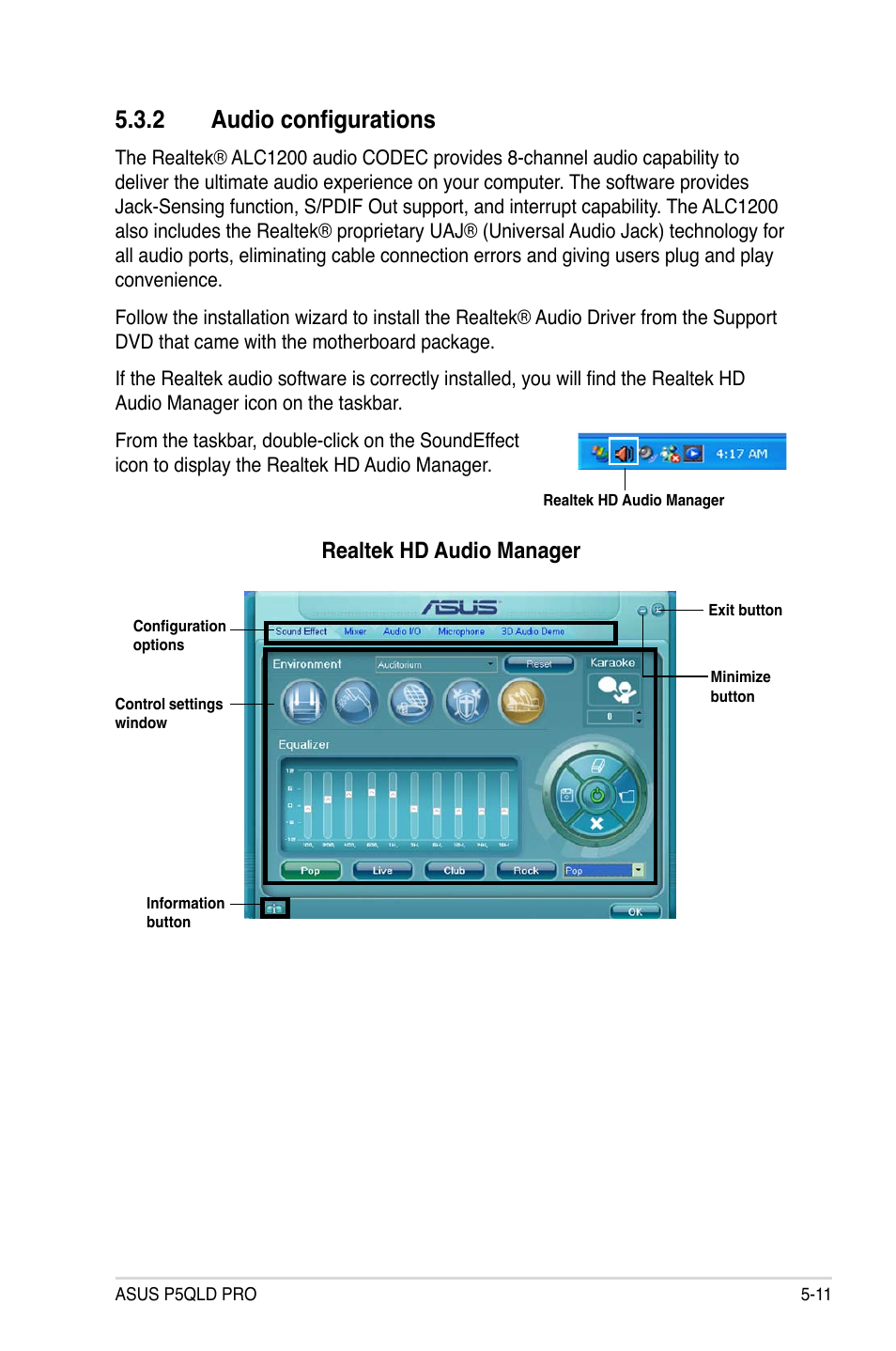 2 audio configurations, Realtek hd audio manager | Asus P5QLD PRO User Manual | Page 115 / 148