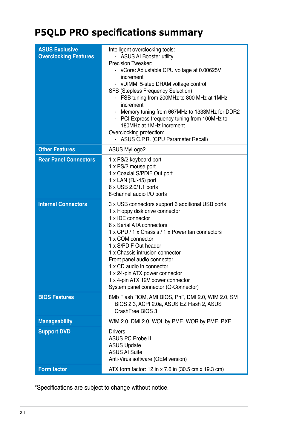 P5qld pro specifications summary | Asus P5QLD PRO User Manual | Page 12 / 148