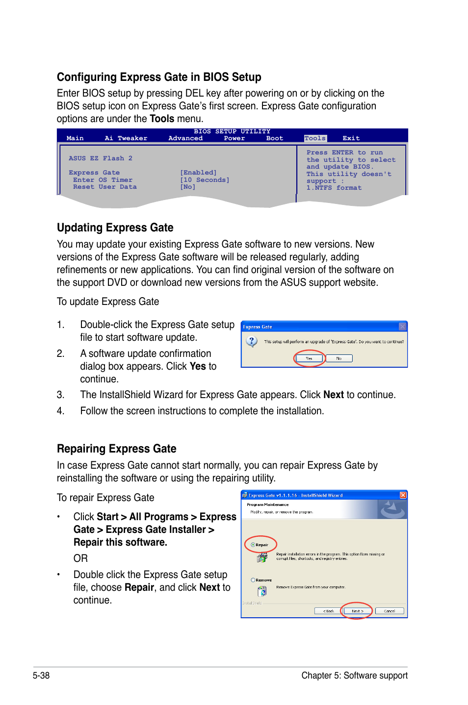 Configuring express gate in bios setup, Updating express gate, Repairing express gate | Asus P5QLD PRO User Manual | Page 142 / 148