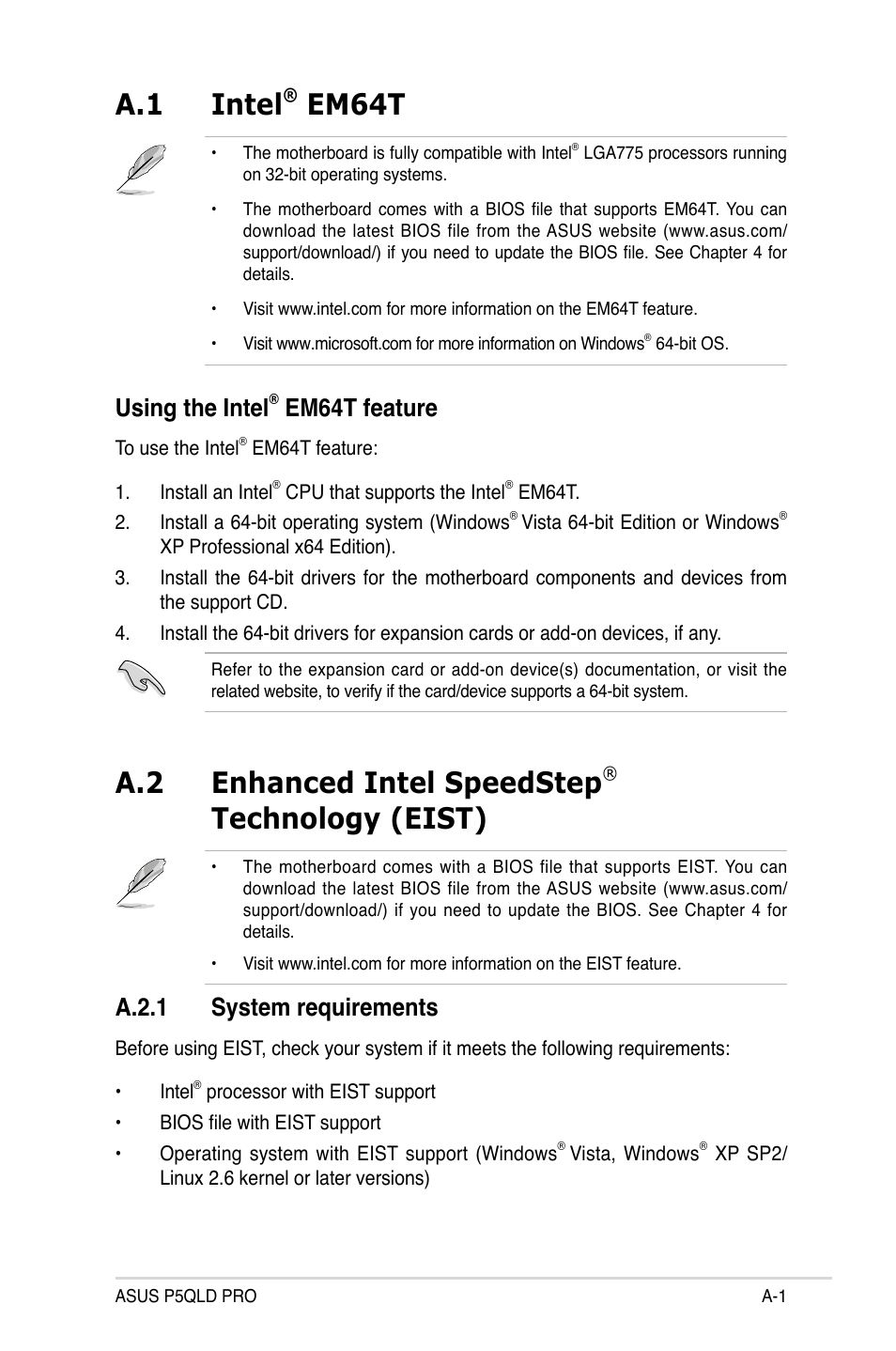 A.1 intel, Em64t, A.2 enhanced intel speedstep | Technology (eist), Using the intel, Em64t feature, A.2.1 system requirements | Asus P5QLD PRO User Manual | Page 145 / 148