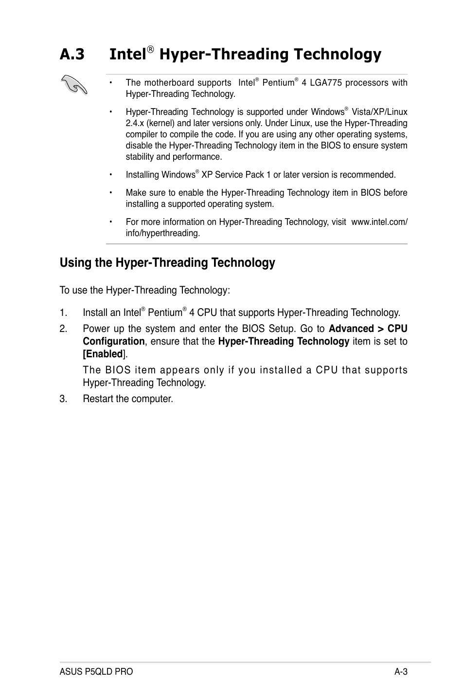 A.3 intel, Hyper-threading technology, Using the hyper-threading technology | Asus P5QLD PRO User Manual | Page 147 / 148