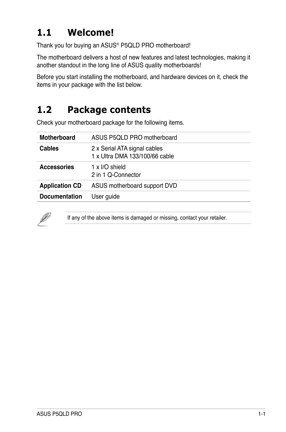 1 welcome, 2 package contents | Asus P5QLD PRO User Manual | Page 15 / 148