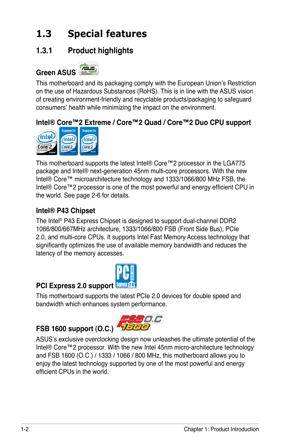 3 special features, 1 product highlights | Asus P5QLD PRO User Manual | Page 16 / 148