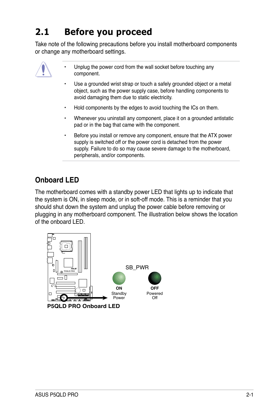 1 before you proceed, Onboard led | Asus P5QLD PRO User Manual | Page 23 / 148