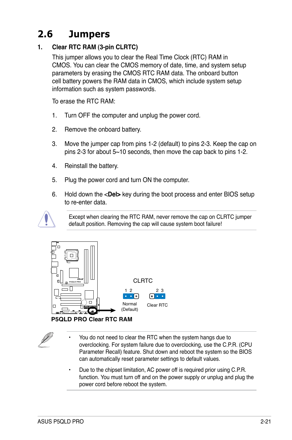 6 jumpers | Asus P5QLD PRO User Manual | Page 43 / 148