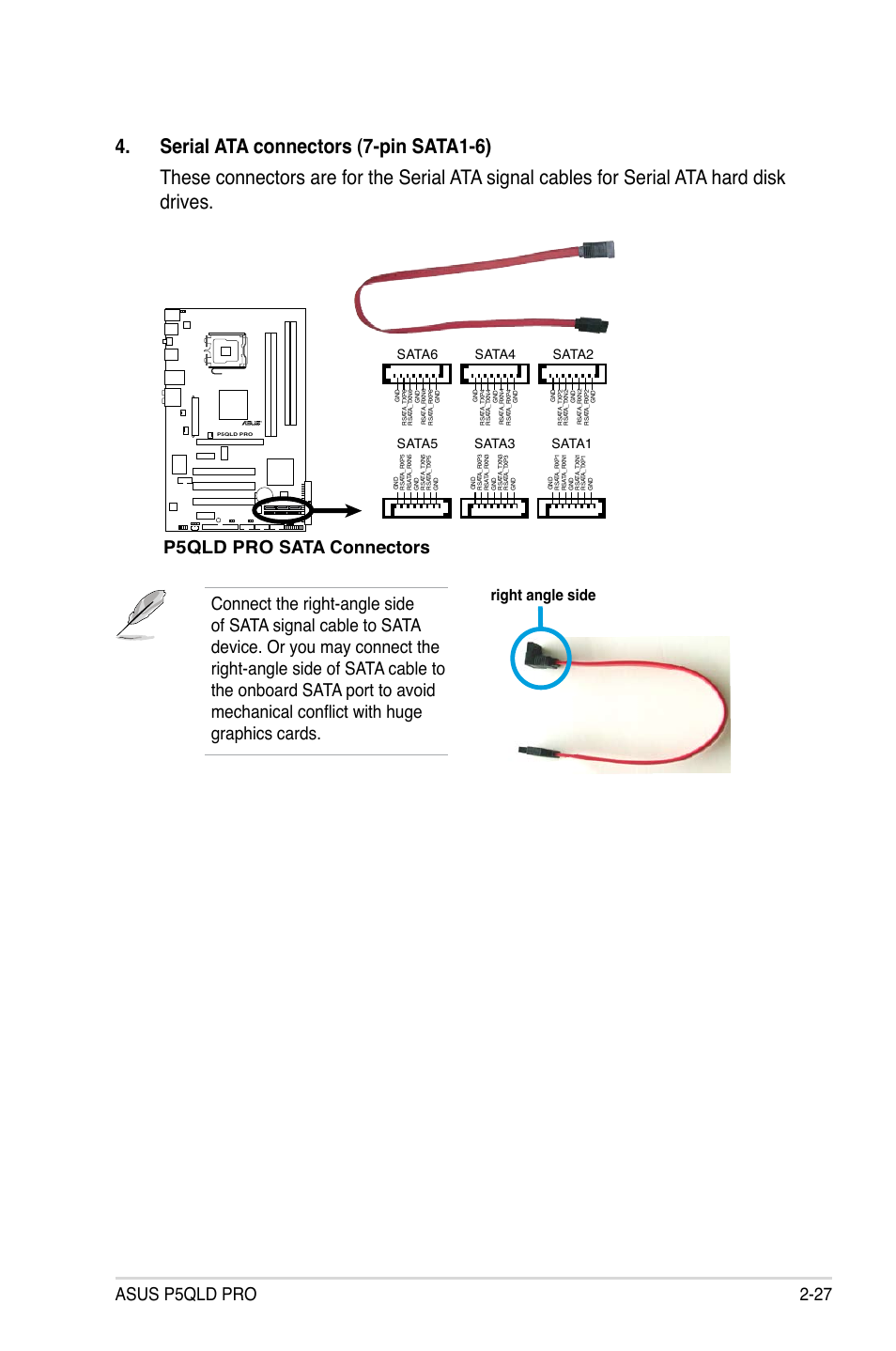 Asus p5qld pro 2-27, P5qld pro sata connectors, Right angle side | Sata6, Sata5, Sata3, Sata1, Sata4, Sata2 | Asus P5QLD PRO User Manual | Page 49 / 148