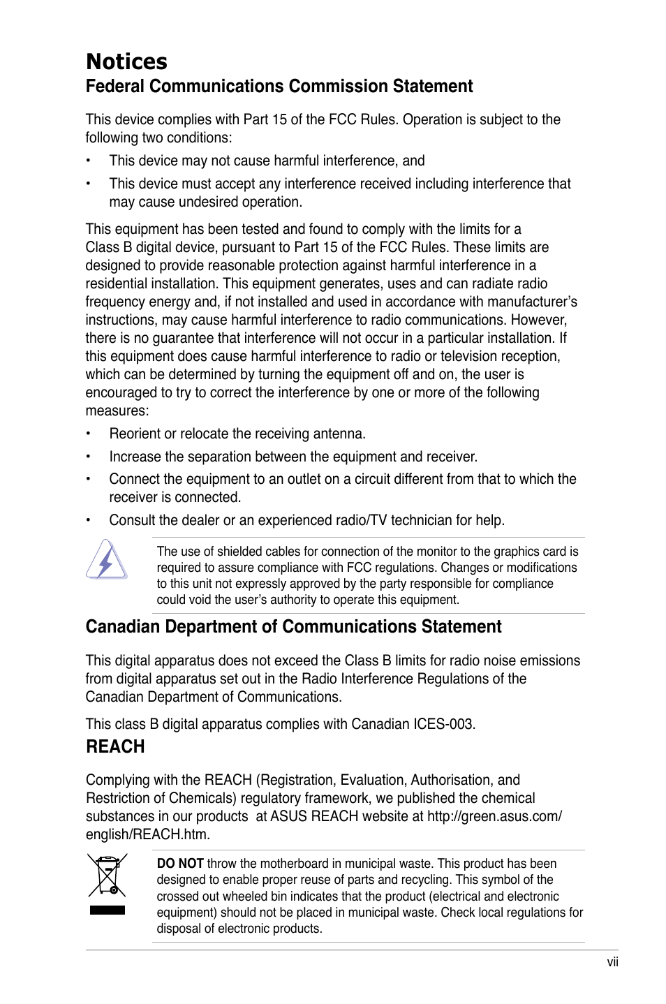 Notices, Federal communications commission statement, Canadian department of communications statement | Reach | Asus P5QLD PRO User Manual | Page 7 / 148