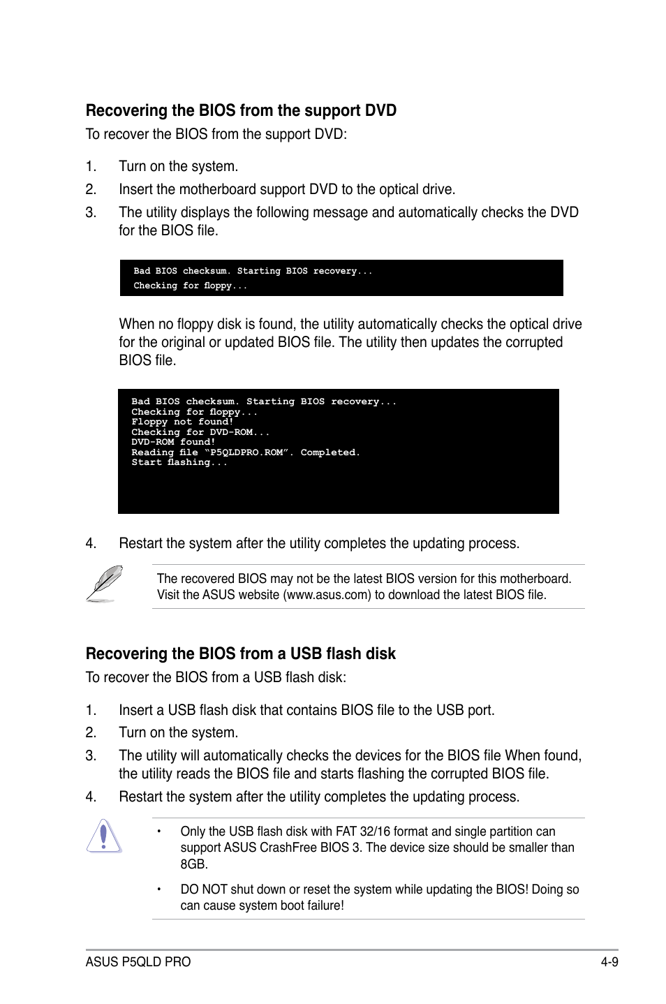 Recovering the bios from the support dvd, Recovering the bios from a usb flash disk | Asus P5QLD PRO User Manual | Page 71 / 148