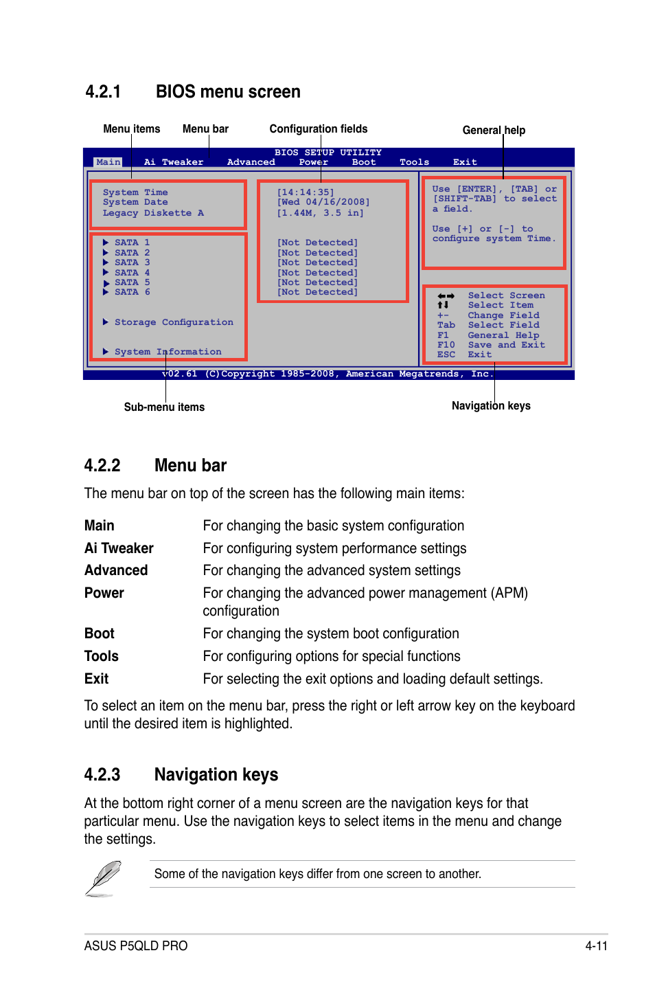 2 menu bar, 1 bios menu screen, 3 navigation keys | Asus P5QLD PRO User Manual | Page 73 / 148