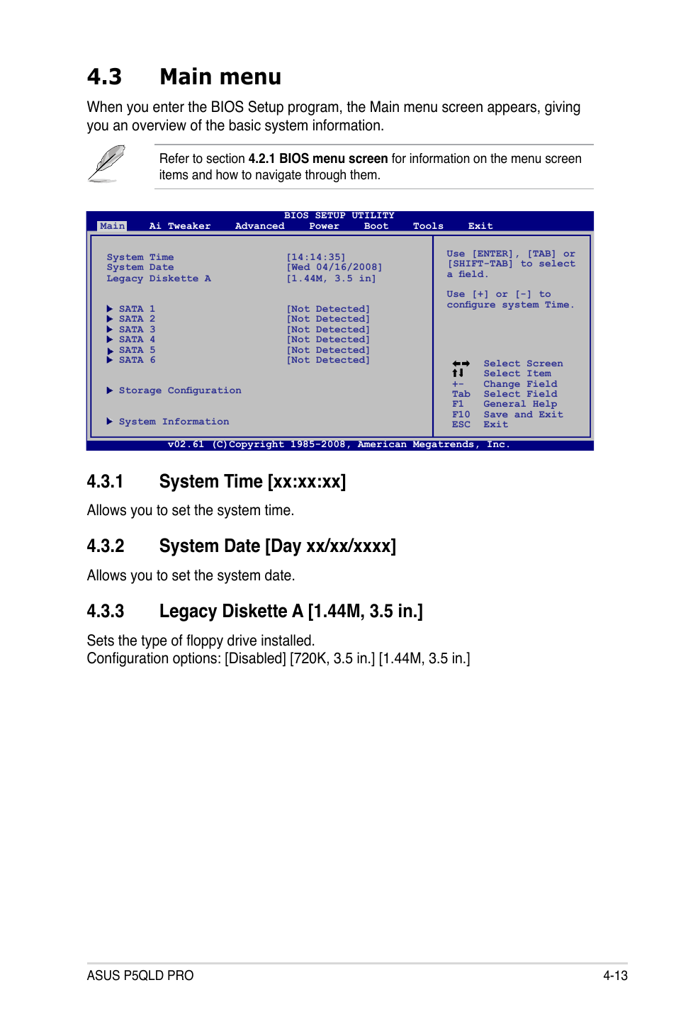 3 main menu, 1 system time [xx:xx:xx, Allows you to set the system time | Allows you to set the system date | Asus P5QLD PRO User Manual | Page 75 / 148