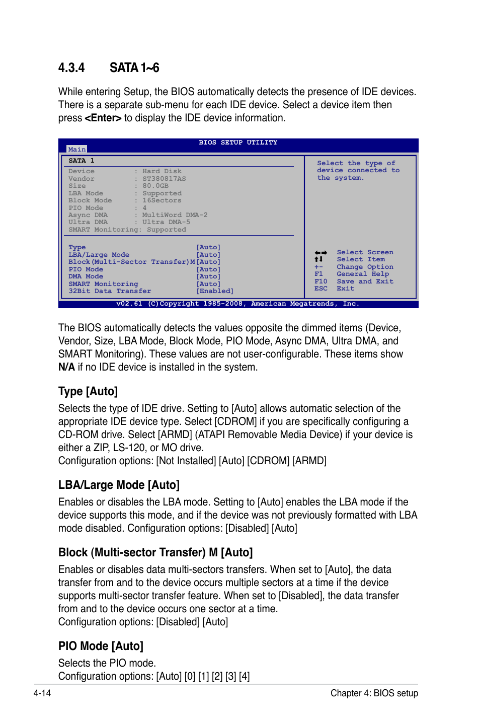 4 sata 1~6, Type [auto, Lba/large mode [auto | Block (multi-sector transfer) m [auto, Pio mode [auto | Asus P5QLD PRO User Manual | Page 76 / 148