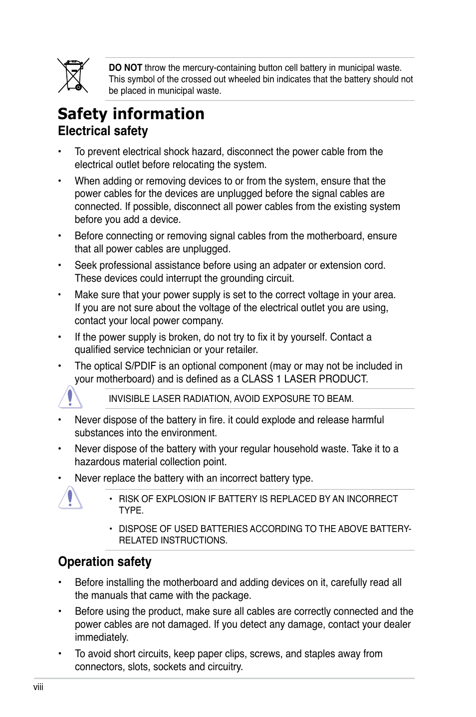 Safety information, Electrical safety, Operation safety | Asus P5QLD PRO User Manual | Page 8 / 148