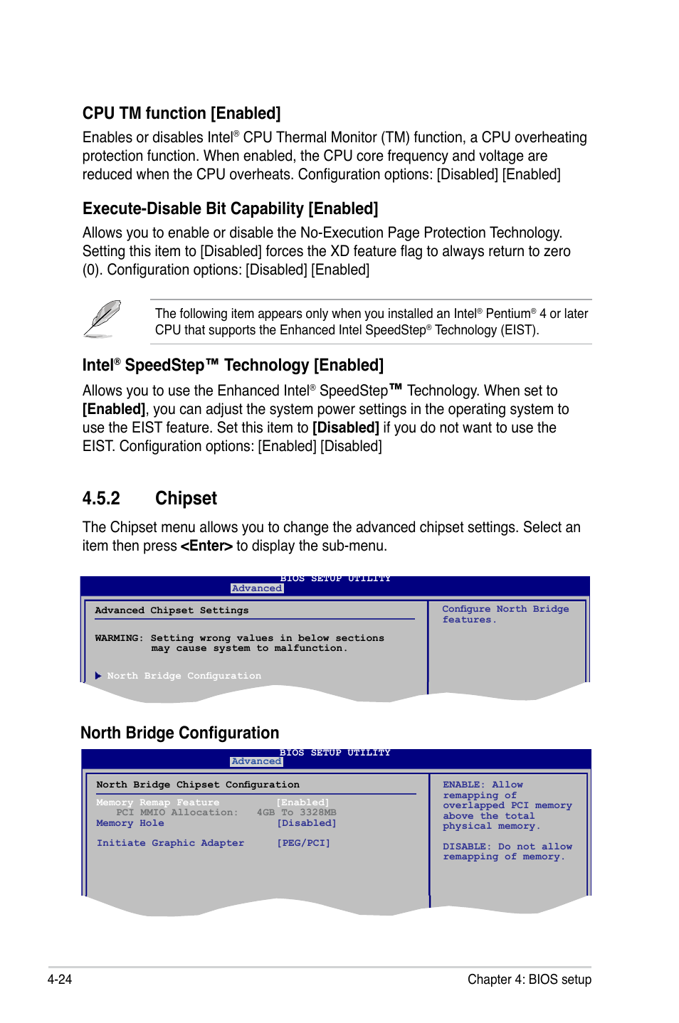 2 chipset, Cpu tm function [enabled, Execute-disable bit capability [enabled | Intel, Speedstep™ technology [enabled, North bridge configuration, Enables or disables intel, Allows you to use the enhanced intel, Speedstep | Asus P5QLD PRO User Manual | Page 86 / 148