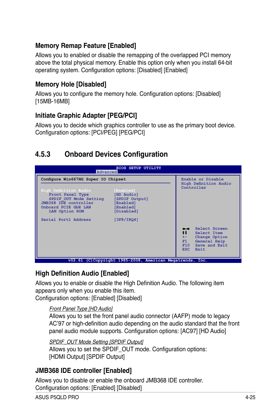 3 onboard devices configuration, Initiate graphic adapter [peg/pci, High definition audio [enabled | Jmb368 ide controller [enabled | Asus P5QLD PRO User Manual | Page 87 / 148