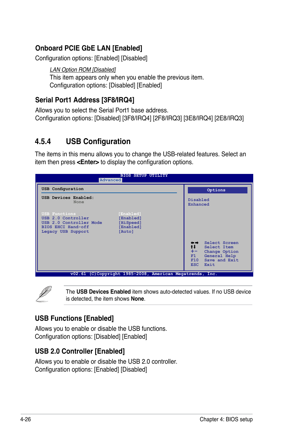 4 usb configuration, Onboard pcie gbe lan [enabled, Serial port1 address [3f8/irq4 | Usb functions [enabled, Usb 2.0 controller [enabled, Configuration options: [enabled] [disabled | Asus P5QLD PRO User Manual | Page 88 / 148