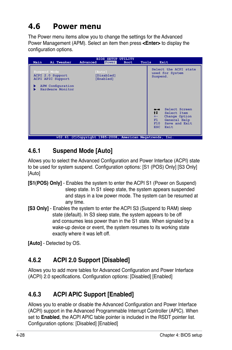 6 power menu, 1 suspend mode [auto, 3 acpi apic support [enabled | 2 acpi 2.0 support [disabled | Asus P5QLD PRO User Manual | Page 90 / 148