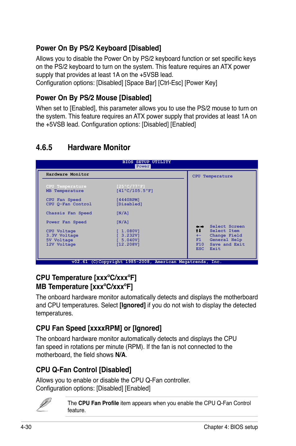 5 hardware monitor, Cpu q-fan control [disabled, Power on by ps/2 keyboard [disabled | Power on by ps/2 mouse [disabled | Asus P5QLD PRO User Manual | Page 92 / 148