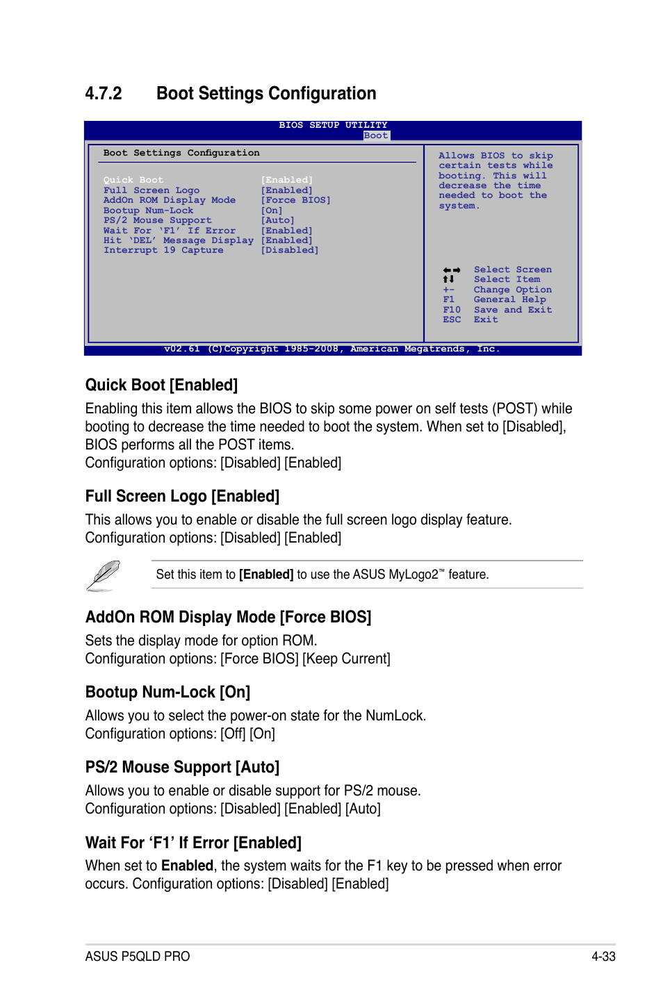 2 boot settings configuration, Quick boot [enabled, Full screen logo [enabled | Addon rom display mode [force bios, Bootup num-lock [on, Ps/2 mouse support [auto, Wait for ‘f1’ if error [enabled | Asus P5QLD PRO User Manual | Page 95 / 148