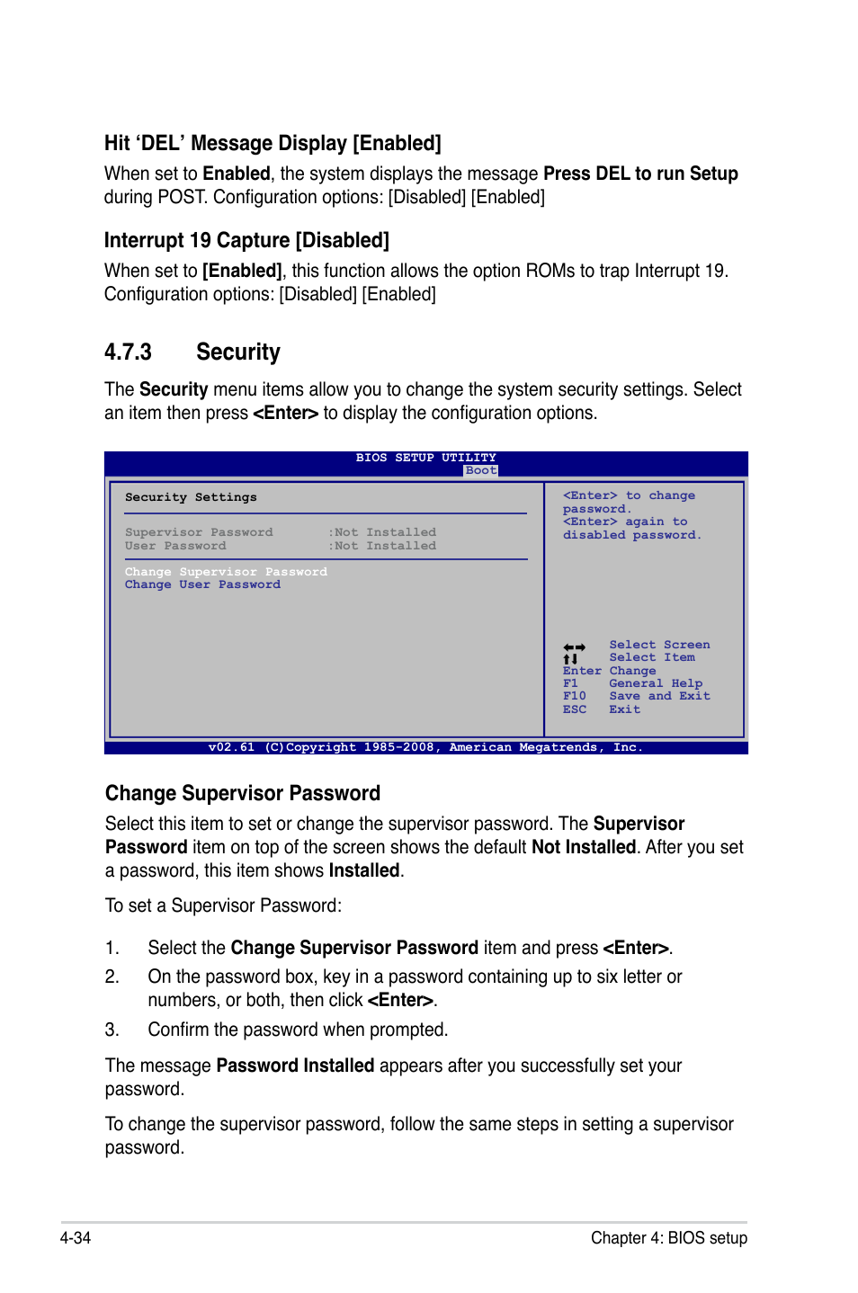 3 security, Hit ‘del’ message display [enabled, Interrupt 19 capture [disabled | Change supervisor password | Asus P5QLD PRO User Manual | Page 96 / 148