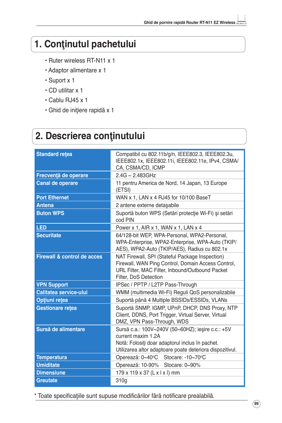 Conţinutul pachetului, Descrierea conţinutului | Asus RT-N11 User Manual | Page 100 / 145