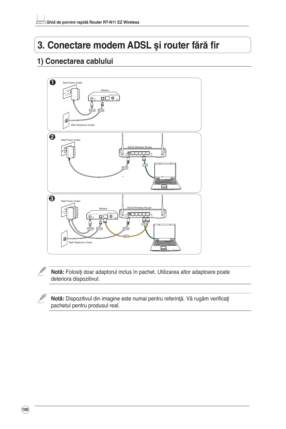 Conectare modem adsl şi router fără fir, 1) conectarea cablului | Asus RT-N11 User Manual | Page 101 / 145