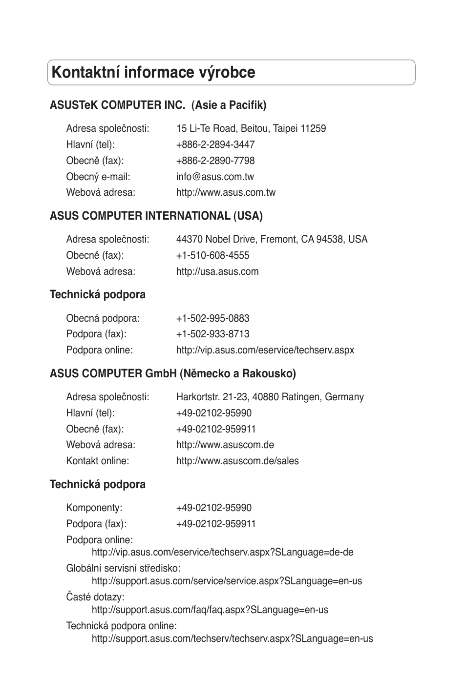 Kontaktní informace výrobce | Asus RT-N11 User Manual | Page 27 / 145