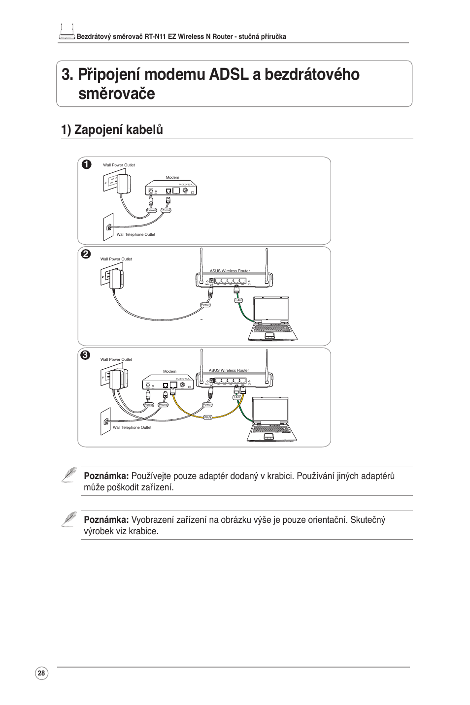 Připojení modemu adsl a bezdrátového směrovače, 1) zapojení kabelů | Asus RT-N11 User Manual | Page 29 / 145