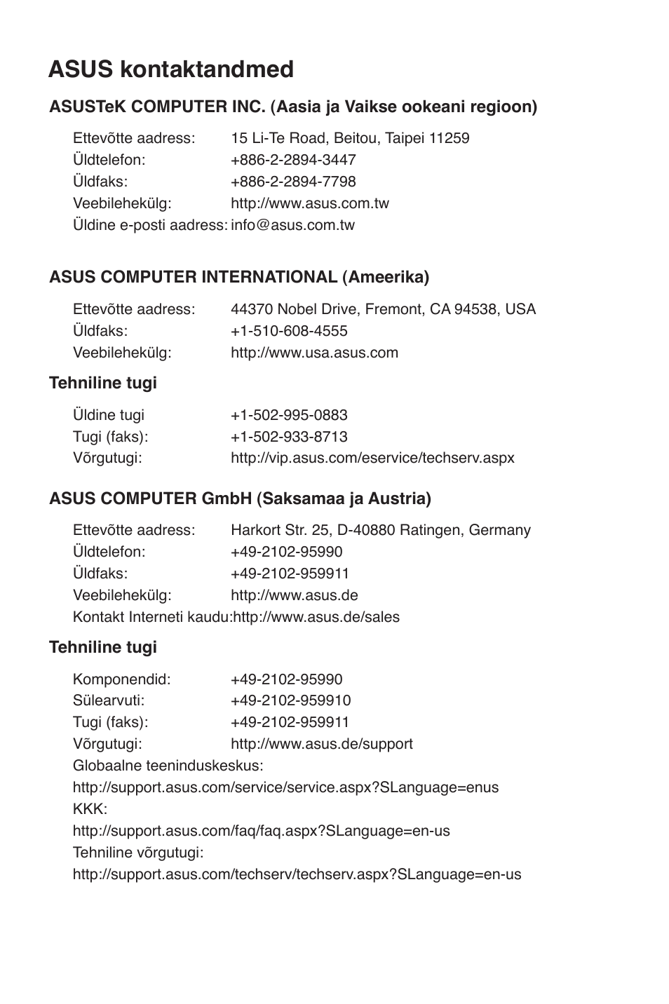 Asus kontaktandmed | Asus RT-N11 User Manual | Page 39 / 145