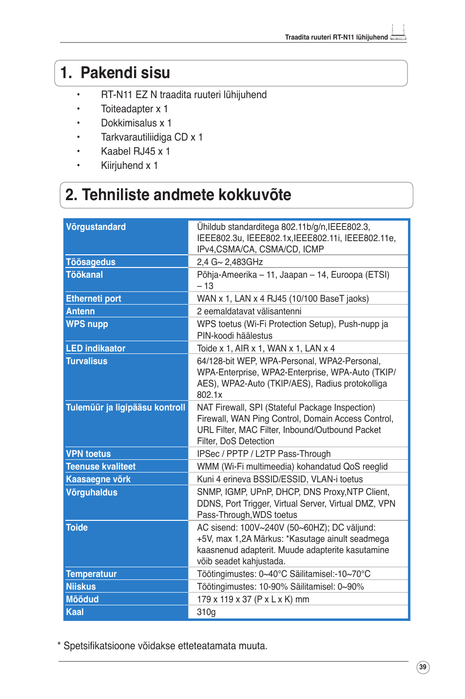 Pakendi sisu, Tehniliste andmete kokkuvõte | Asus RT-N11 User Manual | Page 40 / 145