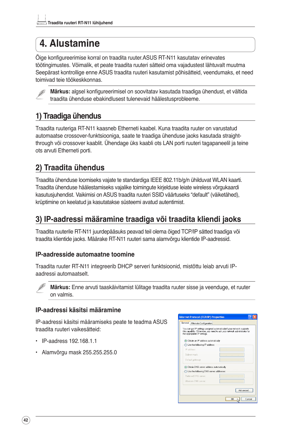 Alustamine, 1) traadiga ühendus, 2) traadita ühendus | Asus RT-N11 User Manual | Page 43 / 145