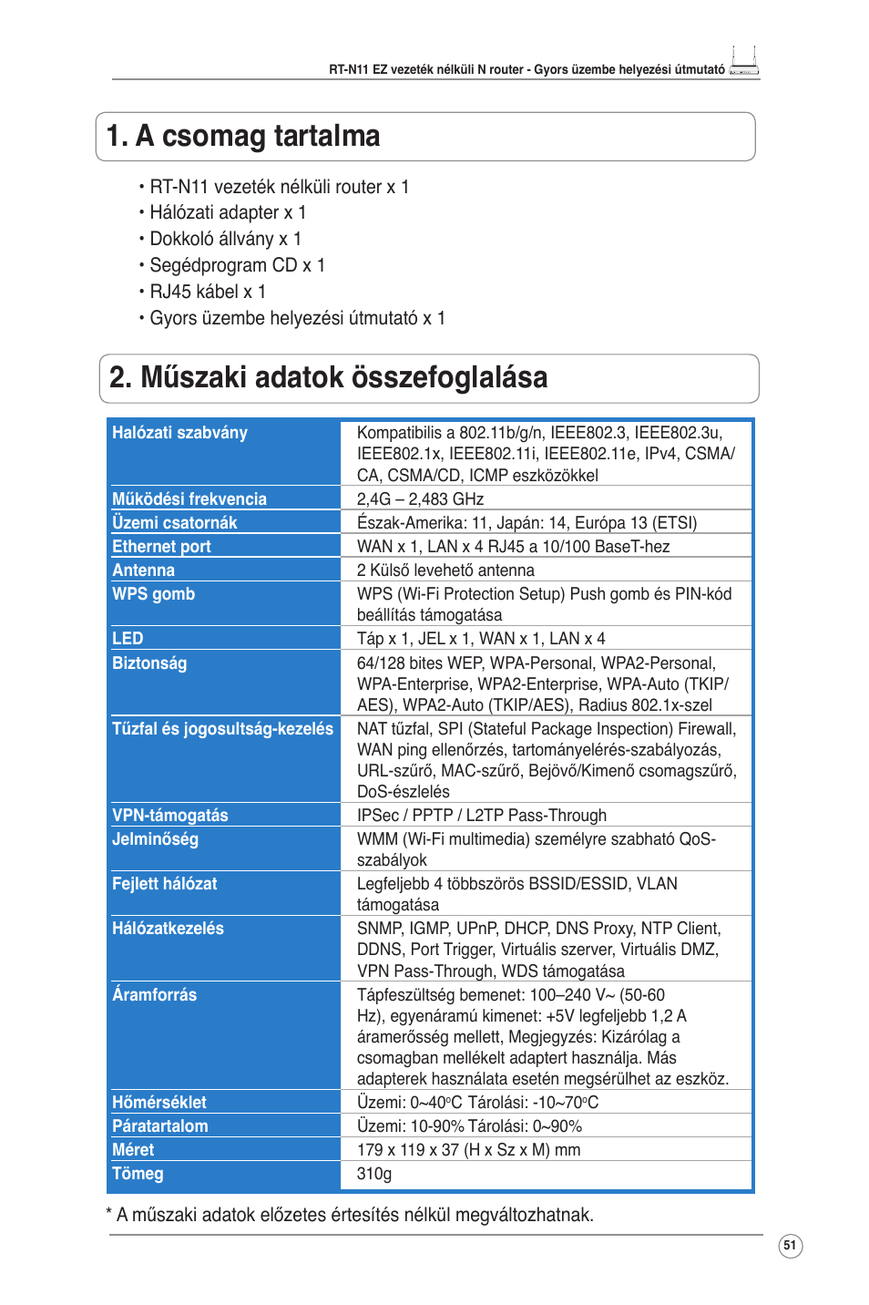 A csomag tartalma, Műszaki adatok összefoglalása | Asus RT-N11 User Manual | Page 52 / 145