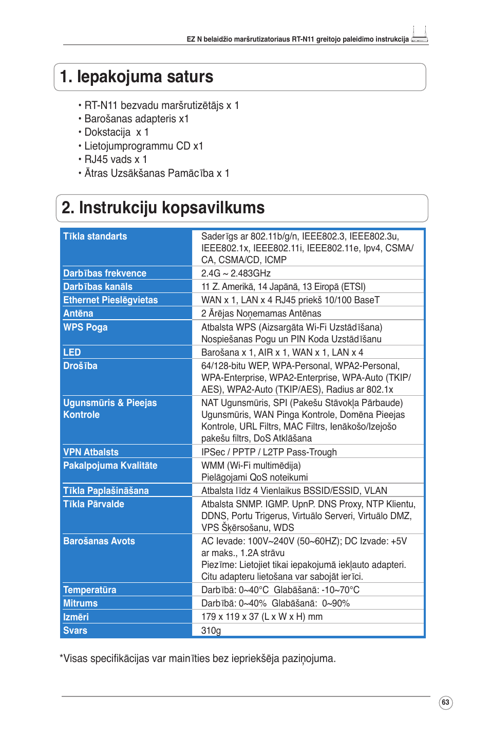 Iepakojuma saturs, Instrukciju kopsavilkums | Asus RT-N11 User Manual | Page 64 / 145