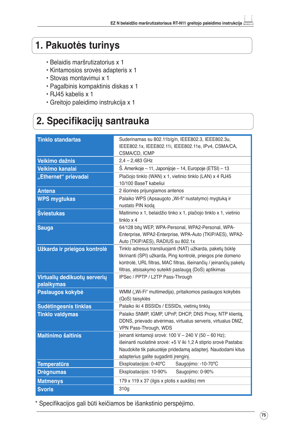 Pakuotės turinys, Specifikacijų santrauka | Asus RT-N11 User Manual | Page 76 / 145