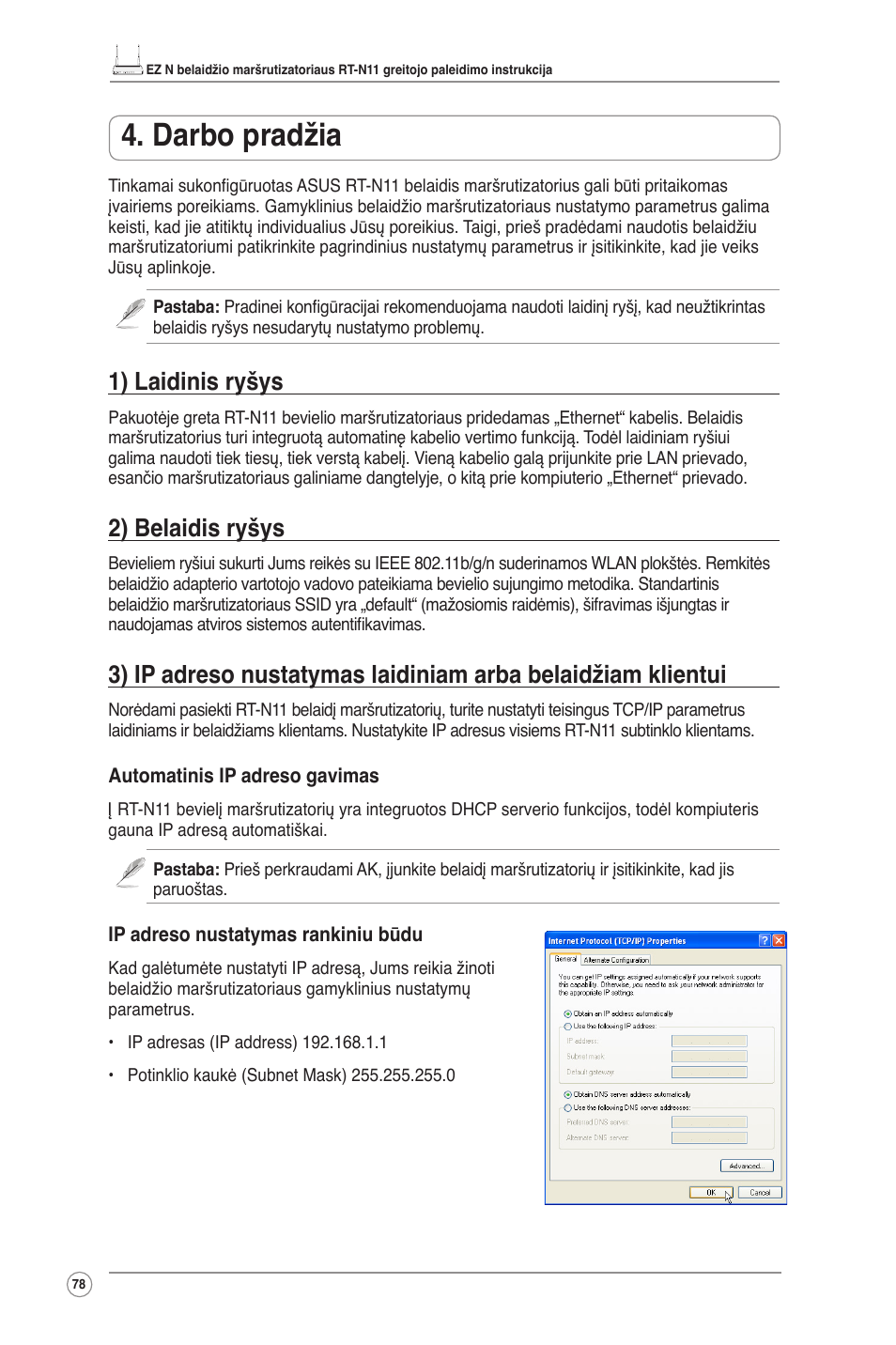 Darbo pradžia, 1) laidinis ryšys, 2) belaidis ryšys | Asus RT-N11 User Manual | Page 79 / 145