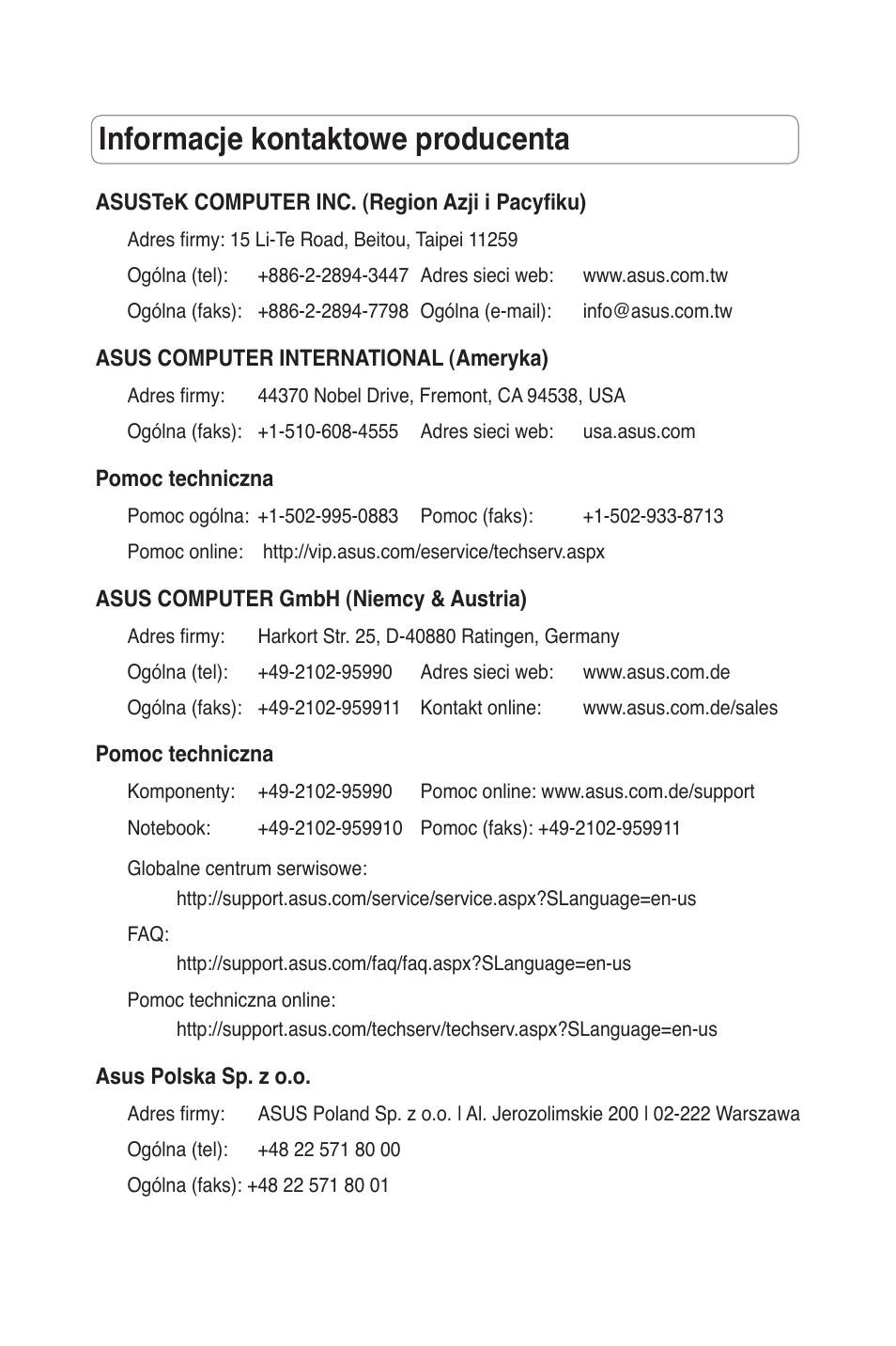 Informacje kontaktowe producenta | Asus RT-N11 User Manual | Page 87 / 145