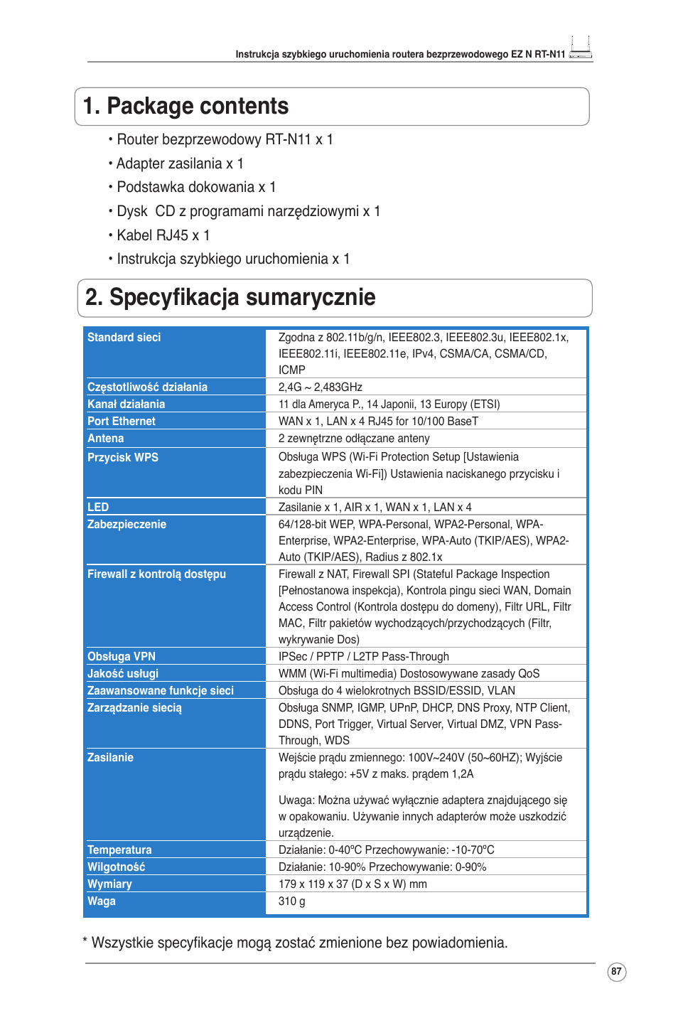 Package contents, Specyfikacja sumarycznie | Asus RT-N11 User Manual | Page 88 / 145