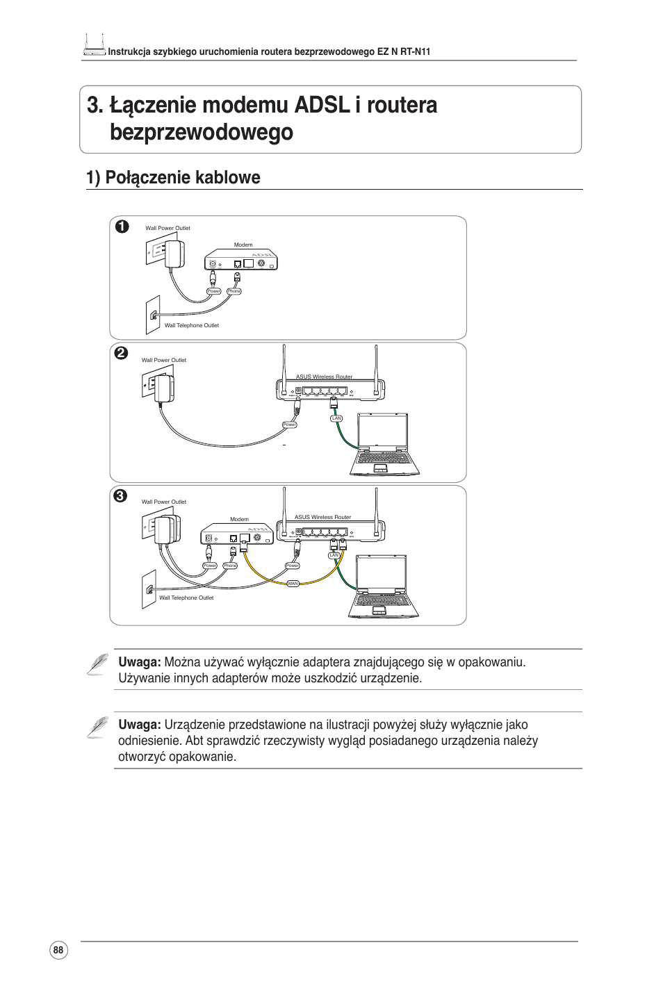 Łączenie modemu adsl i routera bezprzewodowego, 1) połączenie kablowe | Asus RT-N11 User Manual | Page 89 / 145