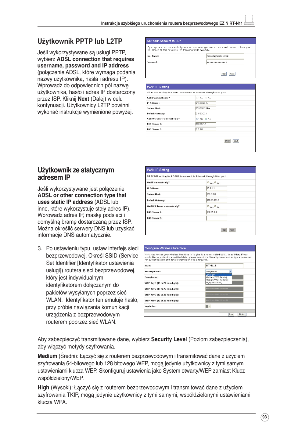 Użytkownik pptp lub l2tp, Użytkownik ze statycznym adresem ip | Asus RT-N11 User Manual | Page 94 / 145