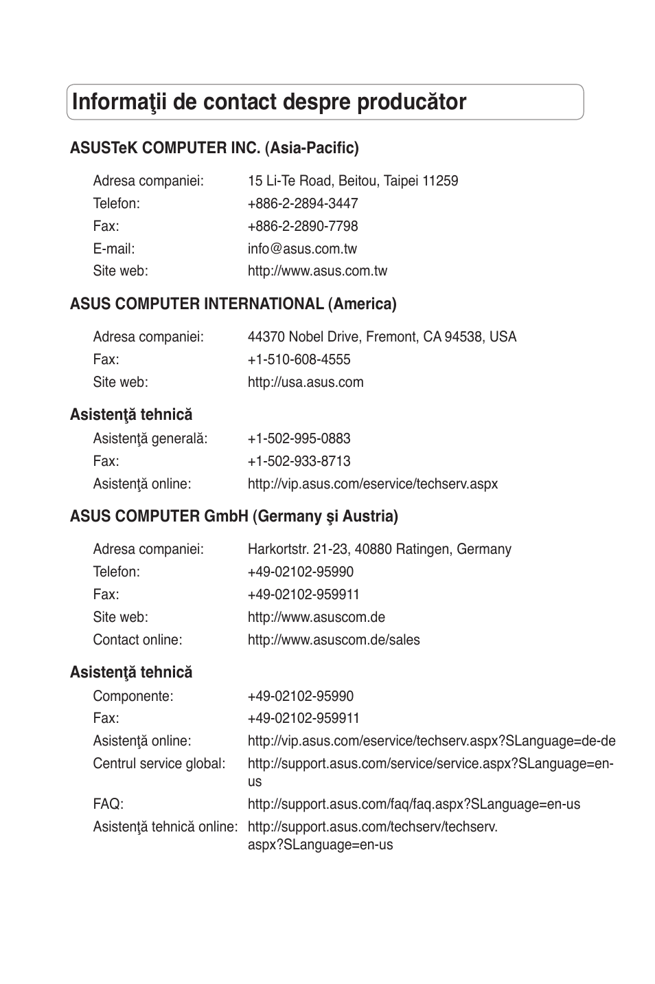 Informaţii de contact despre producător | Asus RT-N11 User Manual | Page 99 / 145