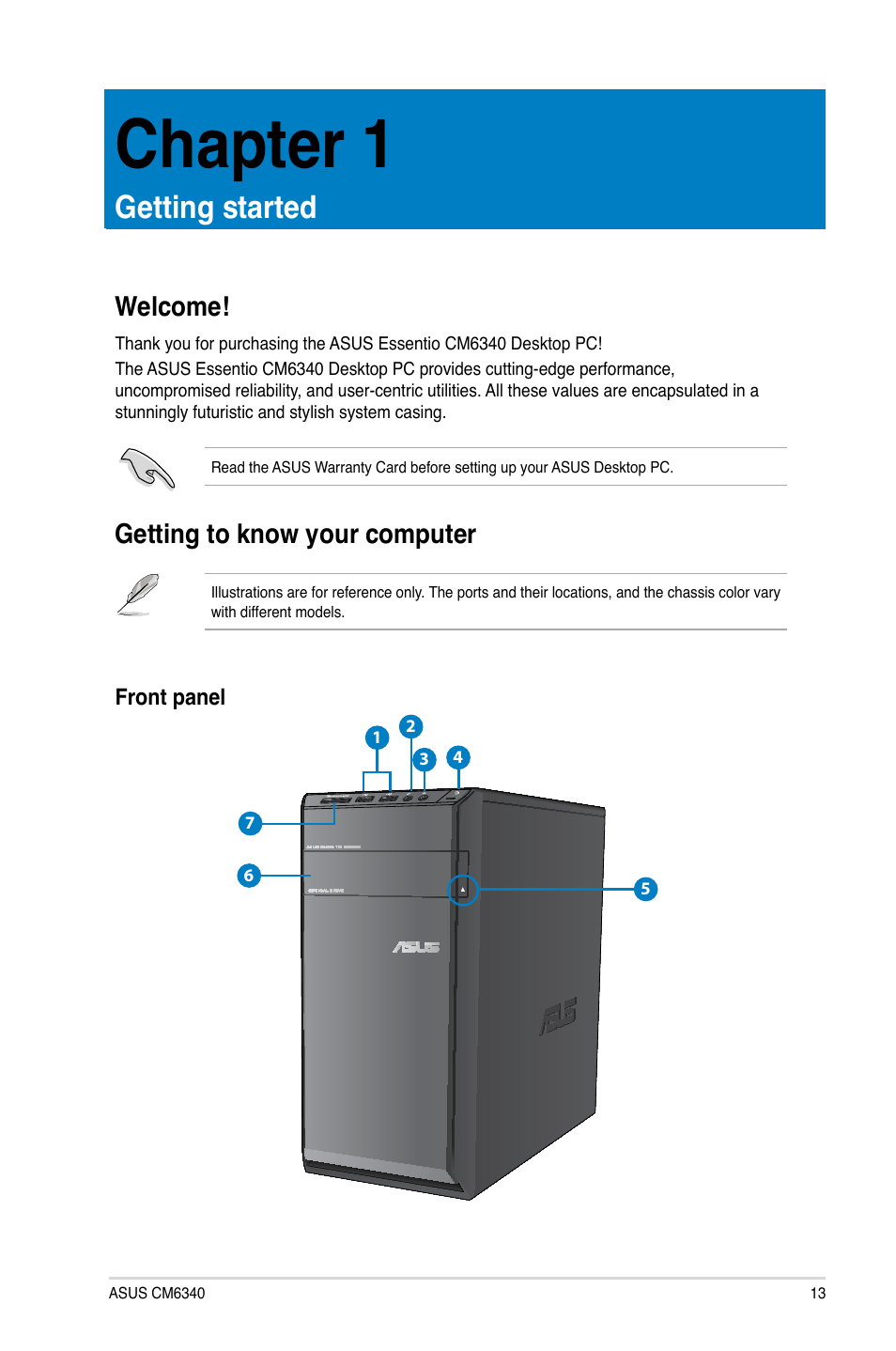 Chapter 1, Getting started, Getting to know your computer | Welcome | Asus CM6340 User Manual | Page 13 / 70