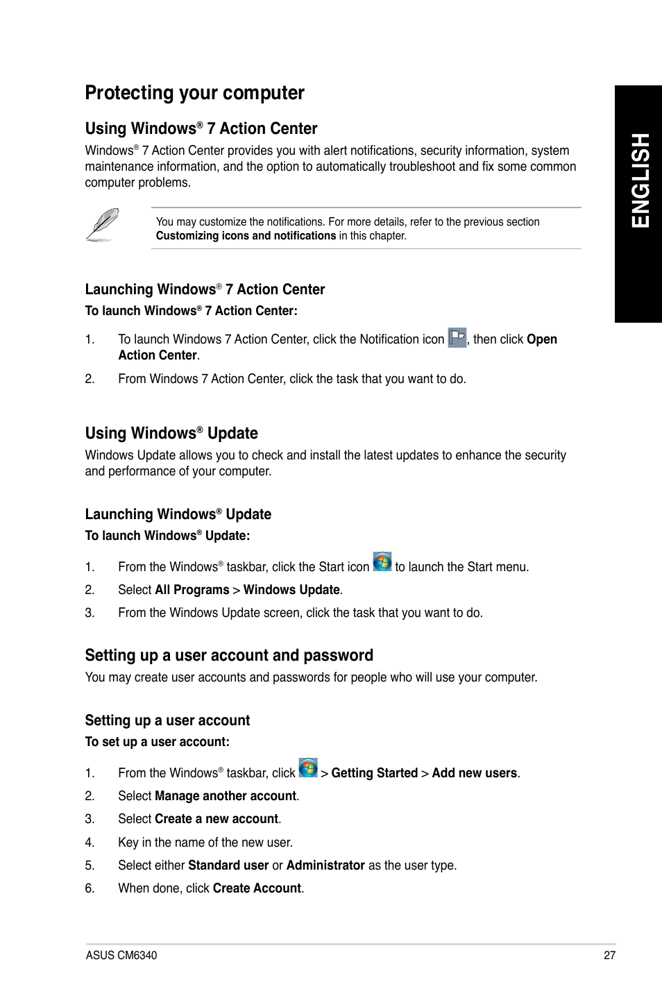 En gl is h en gl is h, Protecting your computer | Asus CM6340 User Manual | Page 27 / 70