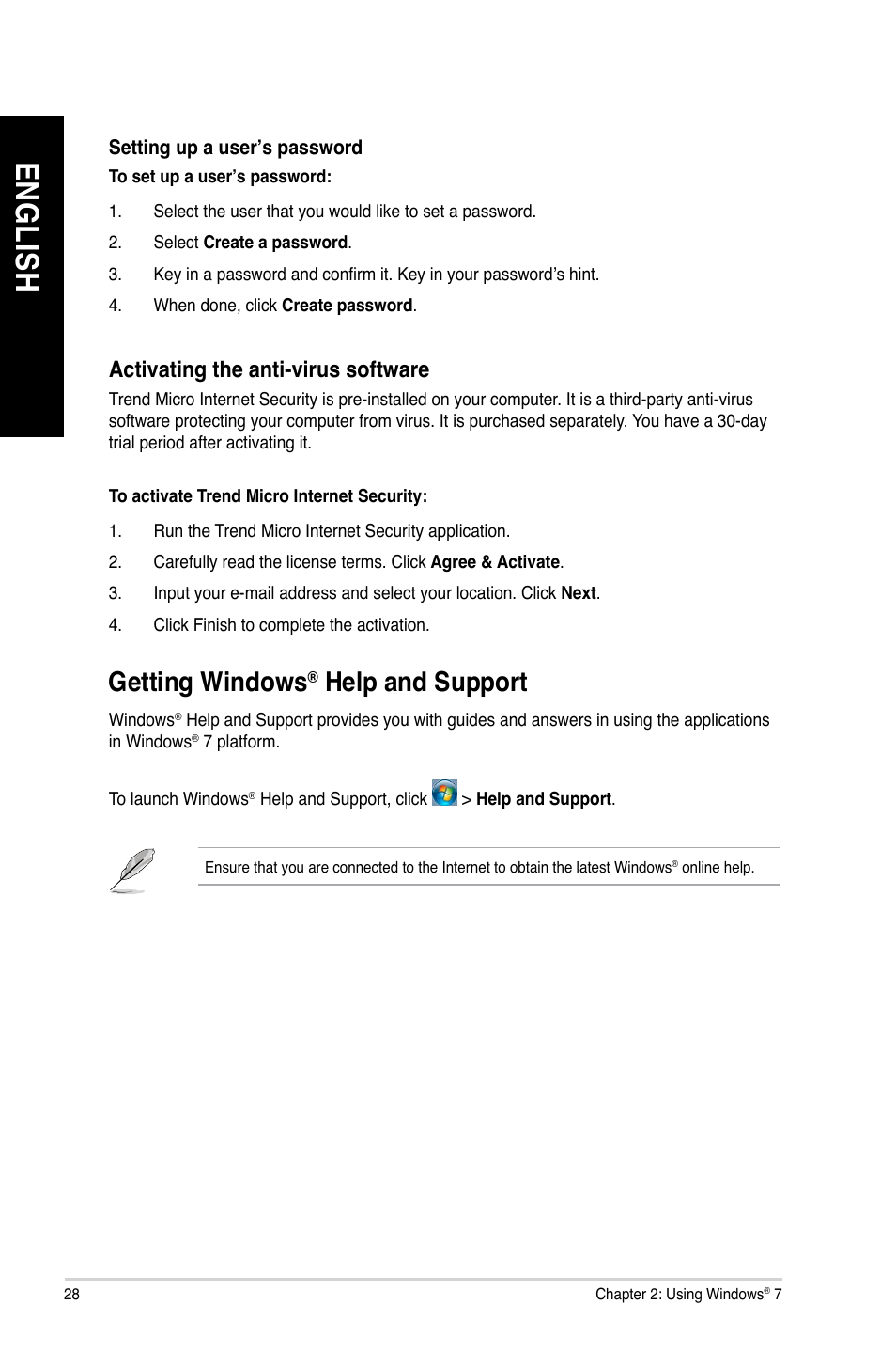 En gl is h en gl is h, Getting windows, Help and support | Asus CM6340 User Manual | Page 28 / 70