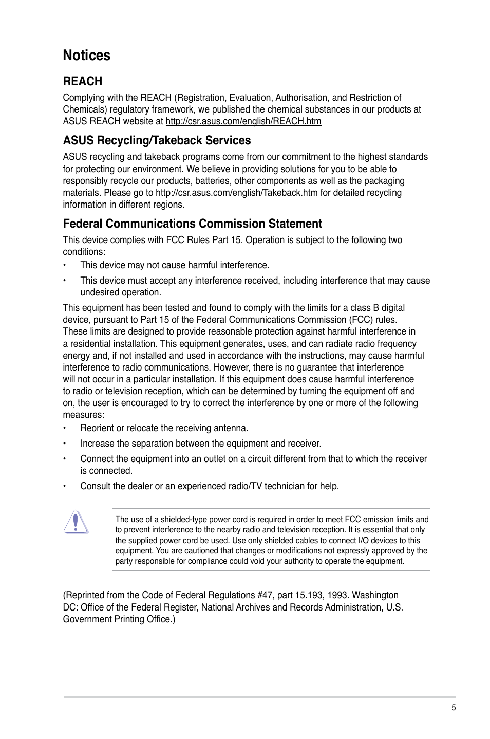 Notices, Reach, Asus recycling/takeback services | Federal communications commission statement | Asus CM6340 User Manual | Page 5 / 70