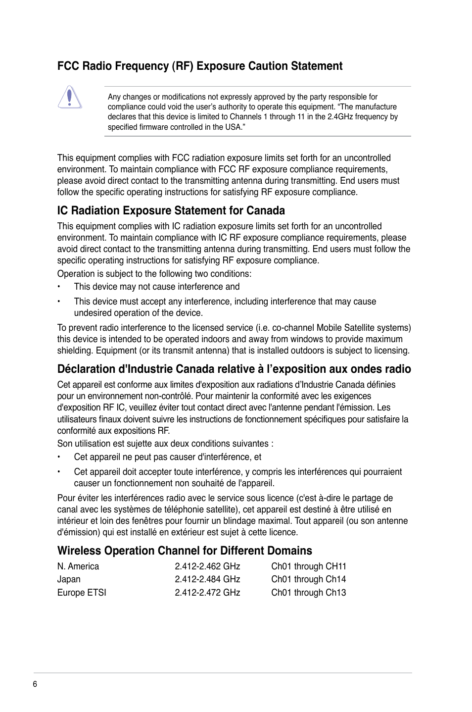 Ic radiation exposure statement for canada, Wireless operation channel for different domains | Asus CM6340 User Manual | Page 6 / 70