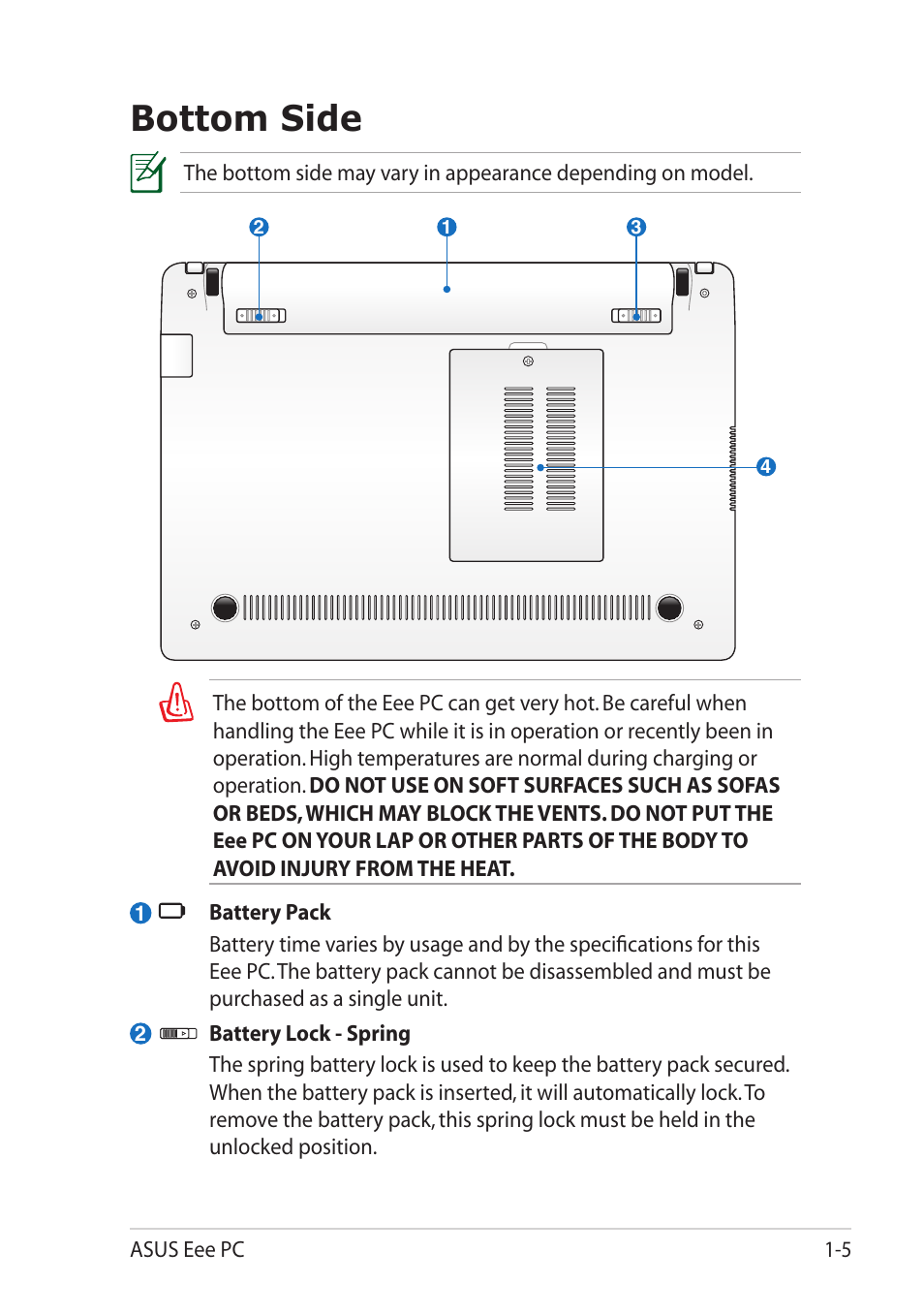 Bottom side, Bottom side -5 | Asus Eee PC X101H User Manual | Page 13 / 62